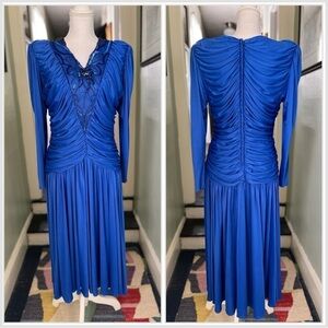 Vintage Claralura Royal Blue Disco Sequin Beaded Midi Dress 14 Ruching 70s 80s